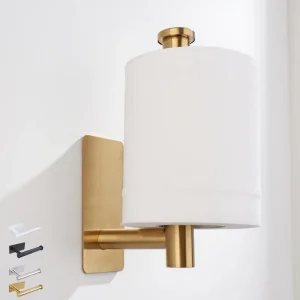 Porte-papier adhésif en acier inoxydable brossé, doré, noir et blanc.