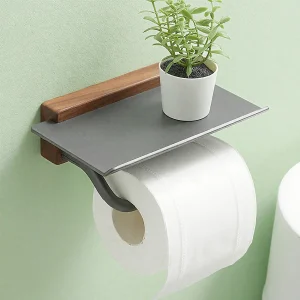 Porte-papier en bois avec étagère en aluminium pour salle de bain.