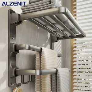 Étagère murale triple pliable en aluminium gris acier.